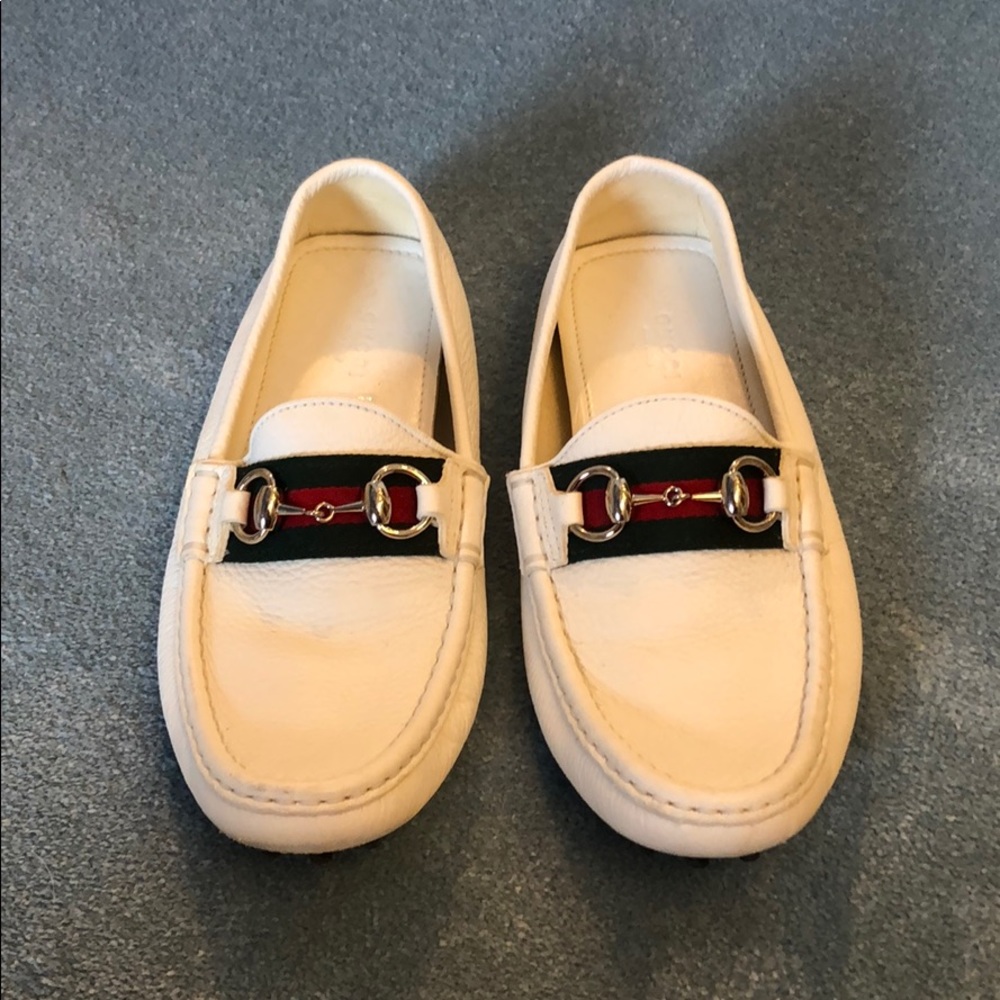 White Gucci Horsebit Loafers